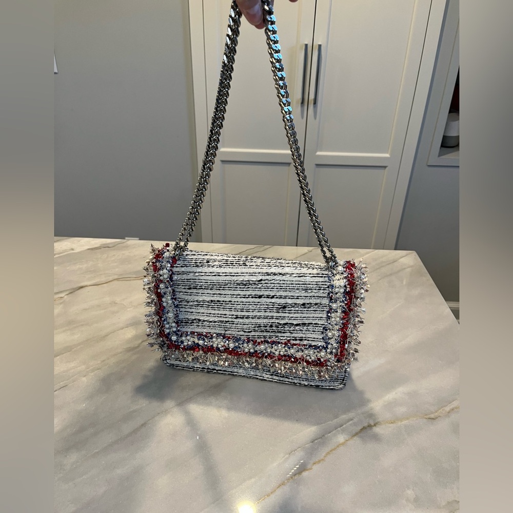 Zara tweed boucle pearl and frayed edge purse, chain strap